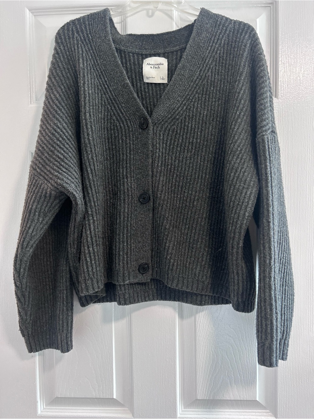 Abercrombie & Fitch Women's Dark Charcoal Ribbed Button-Front Cardigan